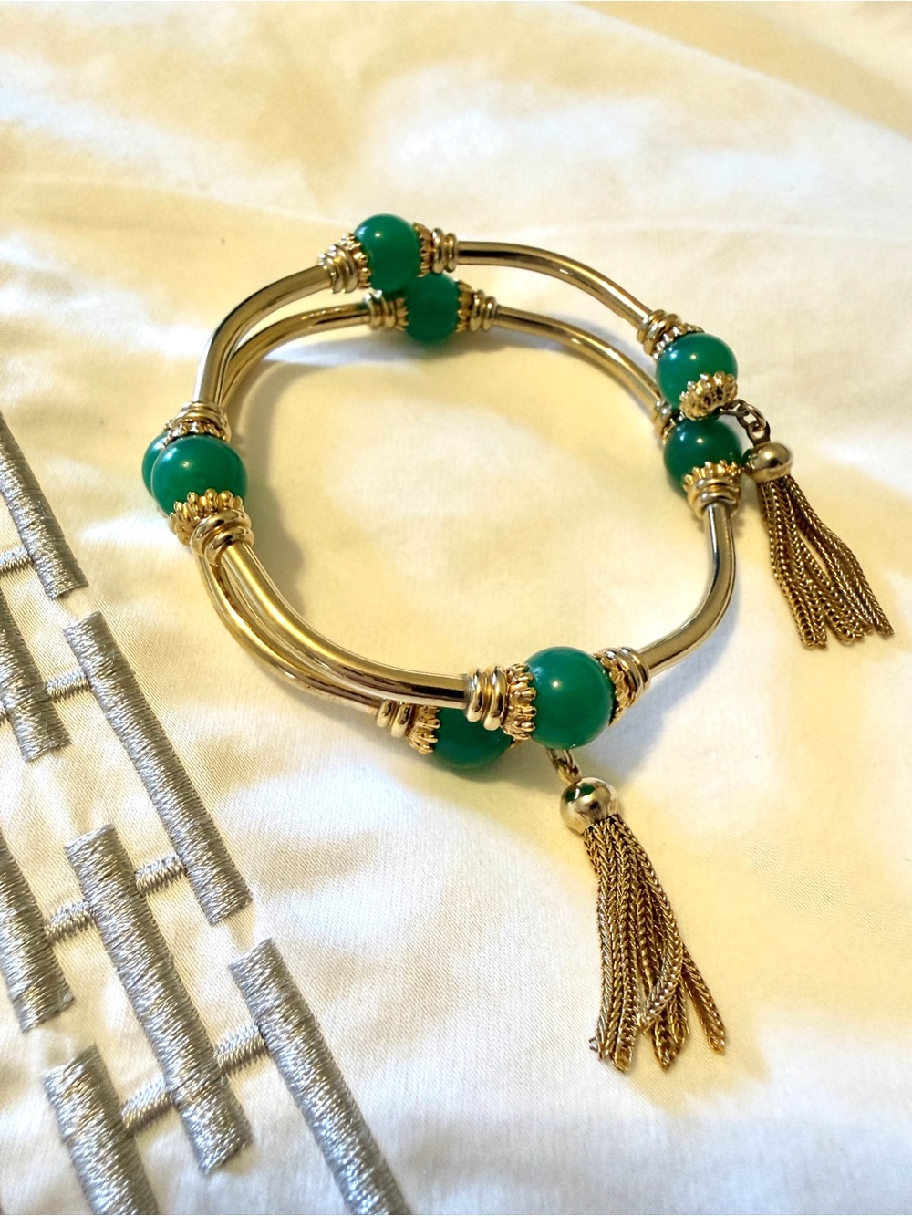 Rare Miriam Haskell Bracelet with Green Beads and Tassels